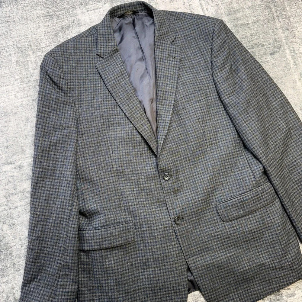 Jos A Bank Blazer Jacket MEns 44L Blue Gray Plaid Wool Sport Coat Academia Ivy